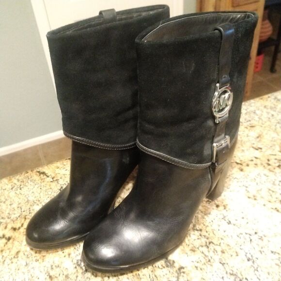 Michael Kors Signature Black Leather Ankle Suede Fulton Harness Boots Sz 10 M - Picture 6 of 13